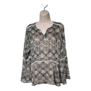 Sunny Leigh Tunic Blouse Metallic Thread Bell Sleeve Lace Accent Size Large